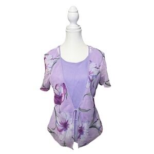 Christine's Purple Sheer Floral Tie Front Mesh Top XL